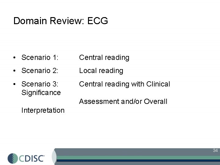 Domain Review: ECG • Scenario 1: Central reading • Scenario 2: Local reading •