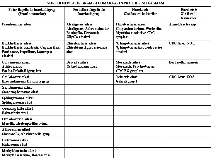 NONFERMENTATİF GRAM (-) ÇOMAKLARIN PRATİK SINIFLANMASI Polar flagella ile hareketli grup (Pseudomonaslar) Peritrikoz flagella