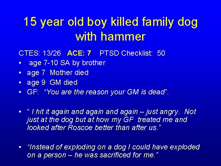 15 year old boy killed family dog with hammer CTES: 13/26 ACE: 7 PTSD