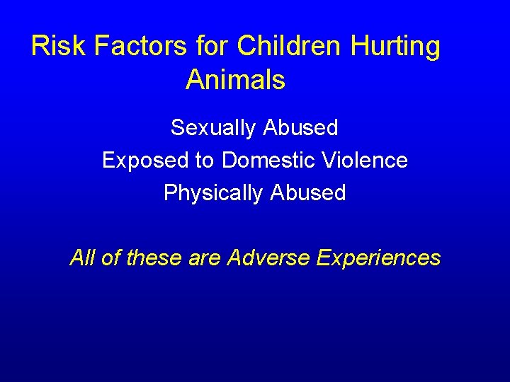 Risk Factors for Children Hurting Animals Sexually Abused Exposed to Domestic Violence Physically Abused