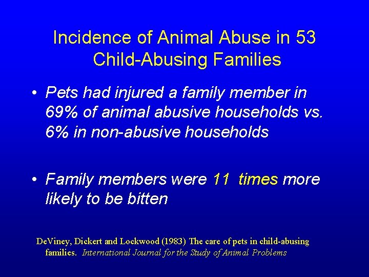 Incidence of Animal Abuse in 53 Child-Abusing Families • Pets had injured a family