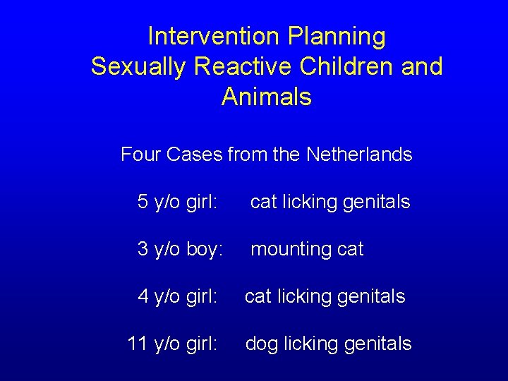 Intervention Planning Sexually Reactive Children and Animals Four Cases from the Netherlands 5 y/o