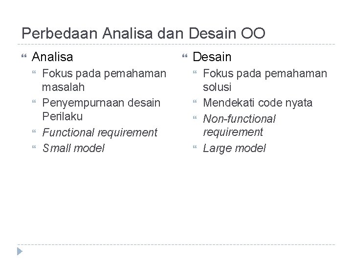 Perbedaan Analisa dan Desain OO Analisa Fokus pada pemahaman masalah Penyempurnaan desain Perilaku Functional