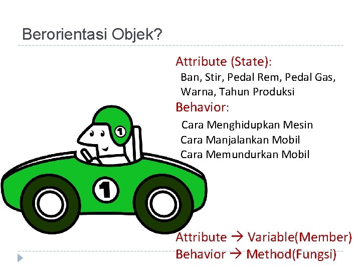 Berorientasi Objek? Attribute (State): Ban, Stir, Pedal Rem, Pedal Gas, Warna, Tahun Produksi Behavior: