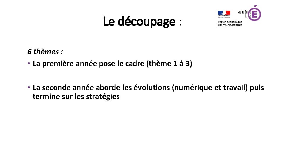 Le découpage : 6 thèmes : • La première année pose le cadre (thème