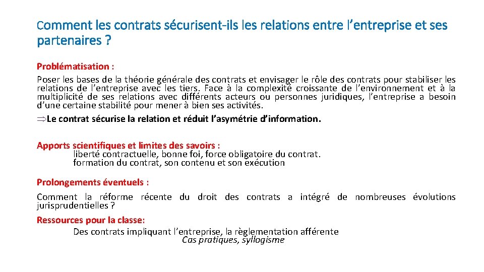 Comment les contrats sécurisent-ils les relations entre l’entreprise et ses partenaires ? Problématisation :
