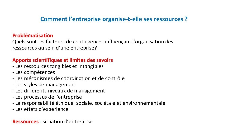 Comment l’entreprise organise-t-elle ses ressources ? Problématisation Quels sont les facteurs de contingences influençant