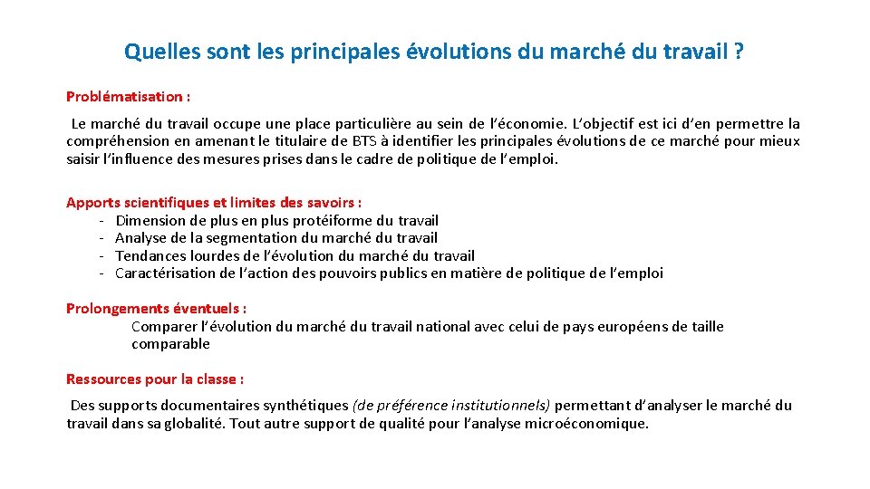 Quelles sont les principales évolutions du marché du travail ? Problématisation : Le marché