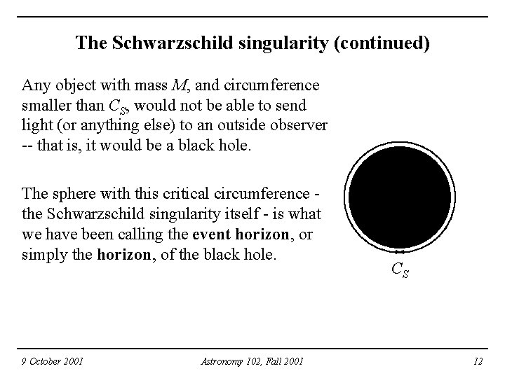 The Schwarzschild singularity (continued) Any object with mass M, and circumference smaller than CS,