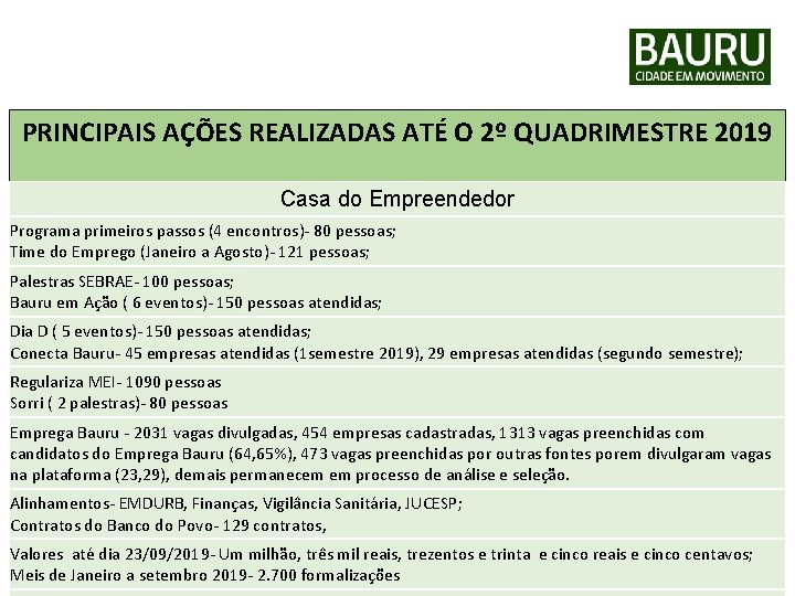 PREFEITURA MUNICIPAL DE BAURU Secretaria Municipal de Desenvolvimento Econômico PRINCIPAIS AÇÕES REALIZADAS ATÉ O