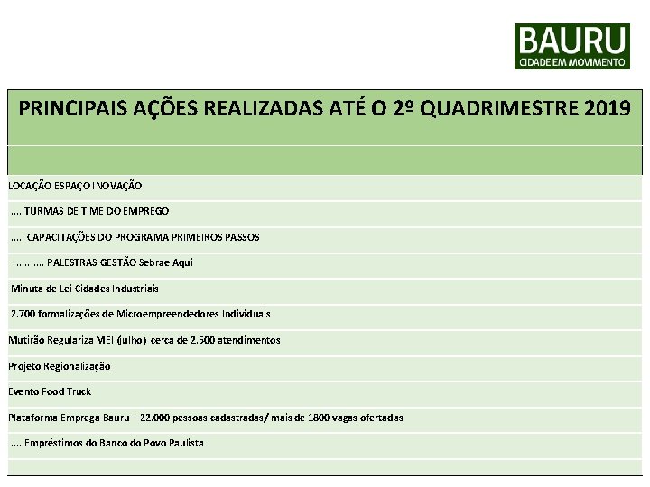 PREFEITURA MUNICIPAL DE BAURU Secretaria Municipal de Desenvolvimento Econômico PRINCIPAIS AÇÕES REALIZADAS ATÉ O