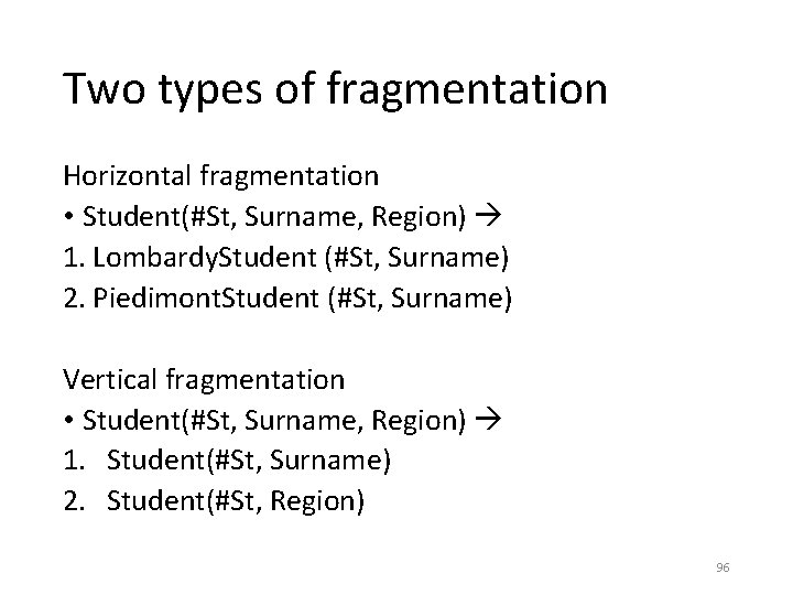 Two types of fragmentation Horizontal fragmentation • Student(#St, Surname, Region) 1. Lombardy. Student (#St, Two types of fragmentation Horizontal fragmentation • Student(#St, Surname, Region) 1. Lombardy. Student (#St,