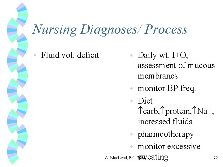 Nursing Diagnoses/ Process w Fluid vol. deficit Daily wt. I+O, assessment of mucous membranes