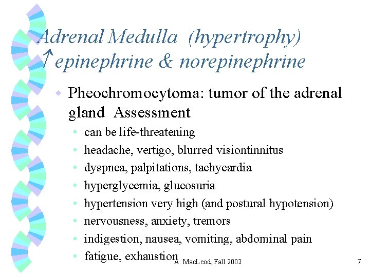 Adrenal Medulla (hypertrophy) epinephrine & norepinephrine w Pheochromocytoma: tumor of the adrenal gland Assessment