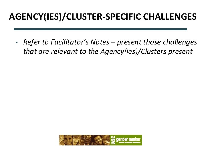 AGENCY(IES)/CLUSTER-SPECIFIC CHALLENGES § Refer to Facilitator’s Notes – present those challenges that are relevant