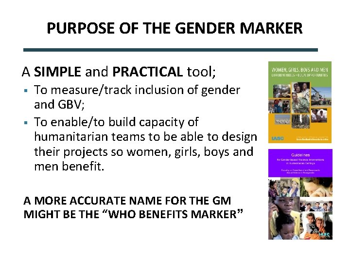 PURPOSE OF THE GENDER MARKER A SIMPLE and PRACTICAL tool; § § To measure/track