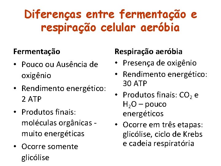 Diferenças entre fermentação e respiração celular aeróbia Respiração aeróbia • Presença de oxigênio •