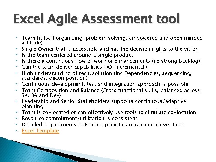 Excel Agile Assessment tool Team fit (Self organizing, problem solving, empowered and open minded