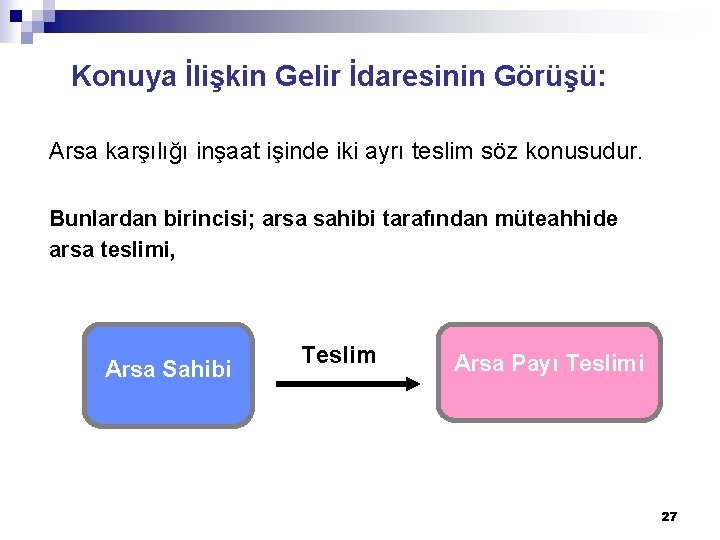 Konuya İlişkin Gelir İdaresinin Görüşü: Arsa karşılığı inşaat işinde iki ayrı teslim söz konusudur.