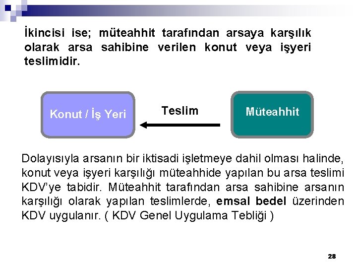 İkincisi ise; müteahhit tarafından arsaya karşılık olarak arsa sahibine verilen konut veya işyeri teslimidir.