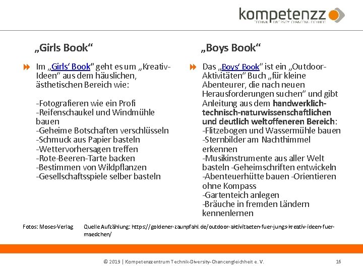 „Girls Book“ „Boys Book“ Im „Girls‘ Book“ geht es um „Kreativ. Ideen“ aus dem