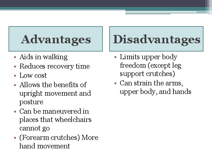 Advantages • • Aids in walking Reduces recovery time Low cost Allows the benefits