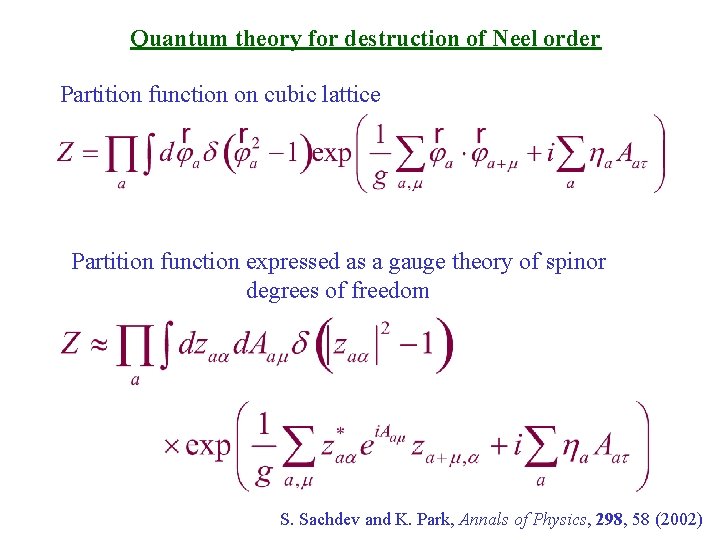 Quantum theory for destruction of Neel order Partition function on cubic lattice Partition function