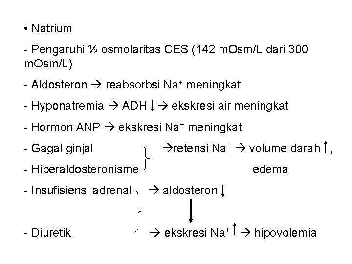  • Natrium - Pengaruhi ½ osmolaritas CES (142 m. Osm/L dari 300 m.