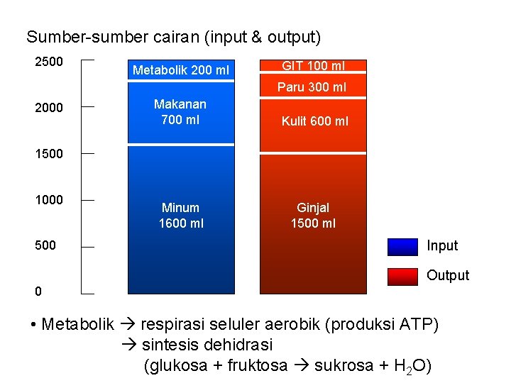 Sumber-sumber cairan (input & output) 2500 Metabolik 200 ml GIT 100 ml Paru 300