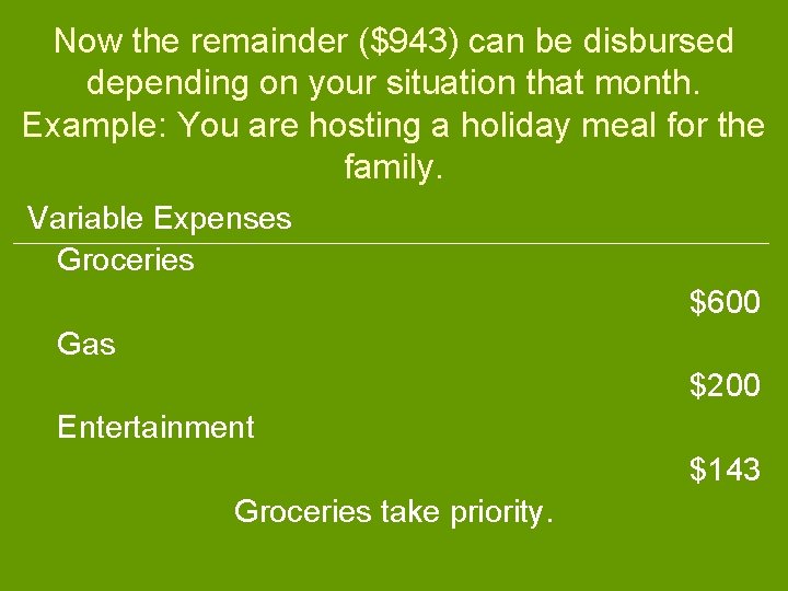 Now the remainder ($943) can be disbursed depending on your situation that month. Example: Now the remainder ($943) can be disbursed depending on your situation that month. Example: