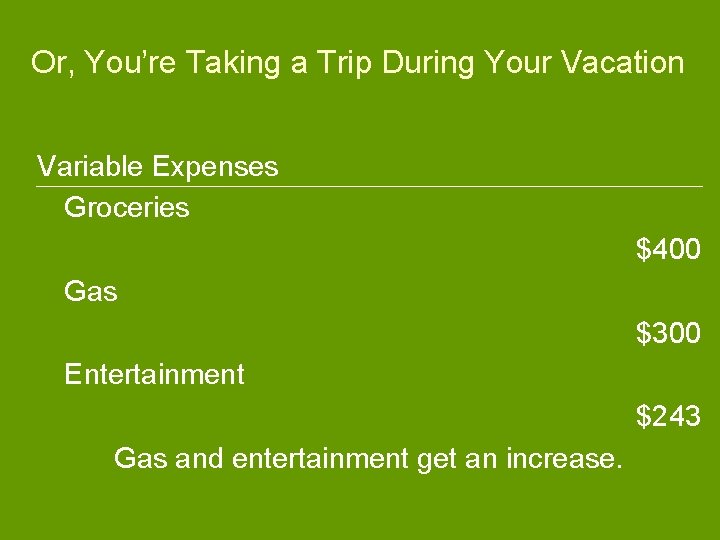 Or, You’re Taking a Trip During Your Vacation Variable Expenses Groceries $400 Gas $300 Or, You’re Taking a Trip During Your Vacation Variable Expenses Groceries $400 Gas $300