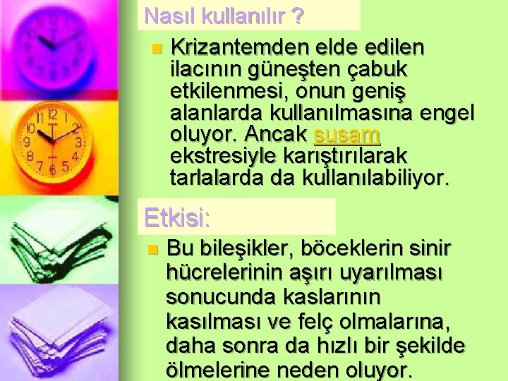 Nasıl kullanılır ? n Krizantemden elde edilen ilacının güneşten çabuk etkilenmesi, onun geniş alanlarda