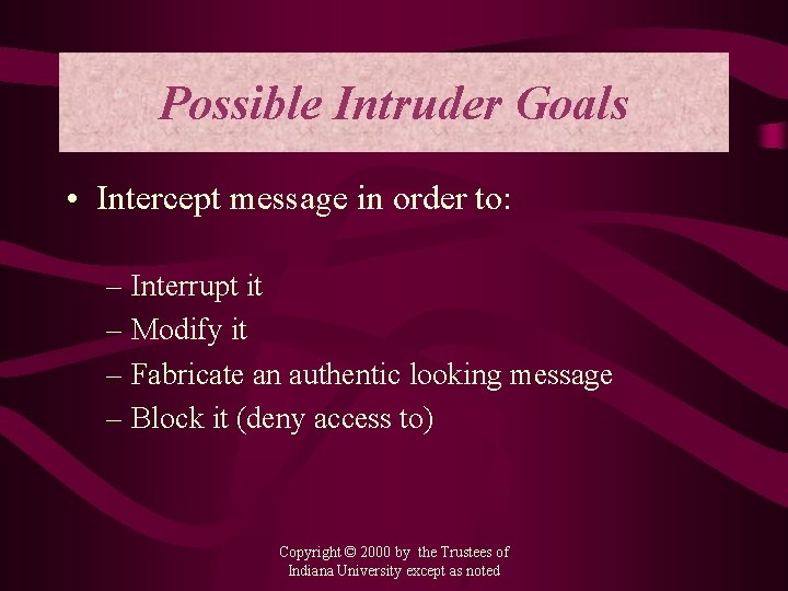 Possible Intruder Goals • Intercept message in order to: – Interrupt it – Modify