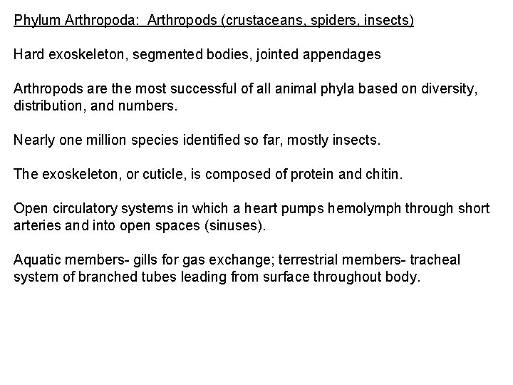 Phylum Arthropoda: Arthropods (crustaceans, spiders, insects) Hard exoskeleton, segmented bodies, jointed appendages Arthropods are