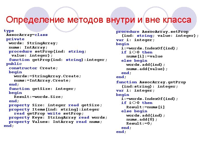 Определение методов внутри и вне класса type Assoc. Array=class private words: String. Array; nums: