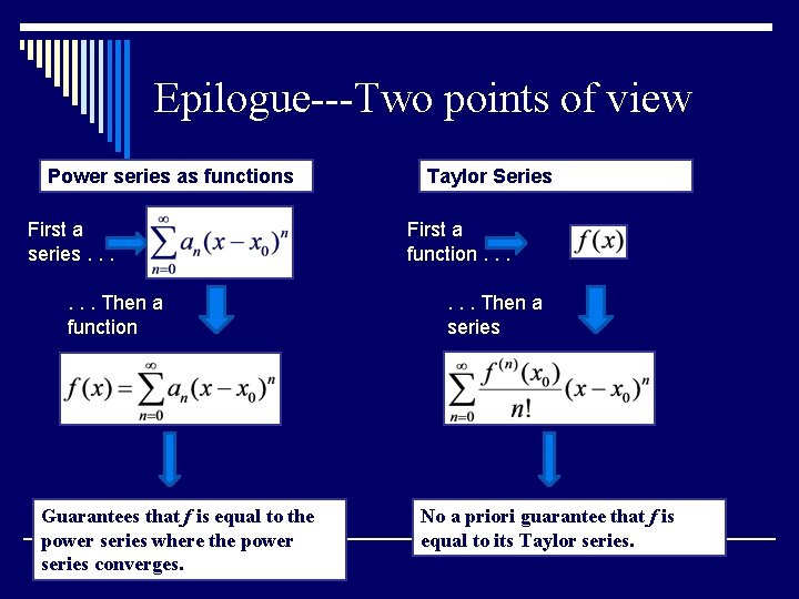 Epilogue---Two points of view Power series as functions First a series. . . Then