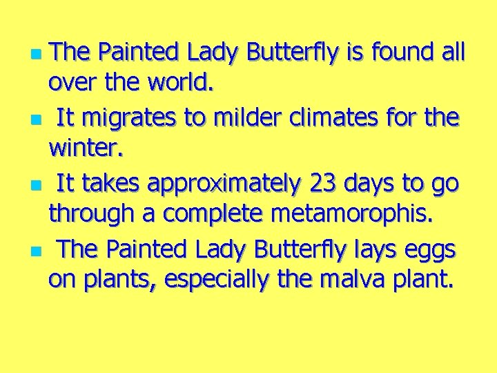 The Painted Lady Butterfly is found all over the world. n It migrates to