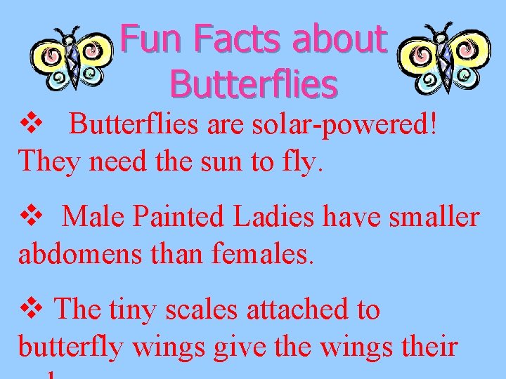 Fun Facts about Butterflies v Butterflies are solar-powered! They need the sun to fly.