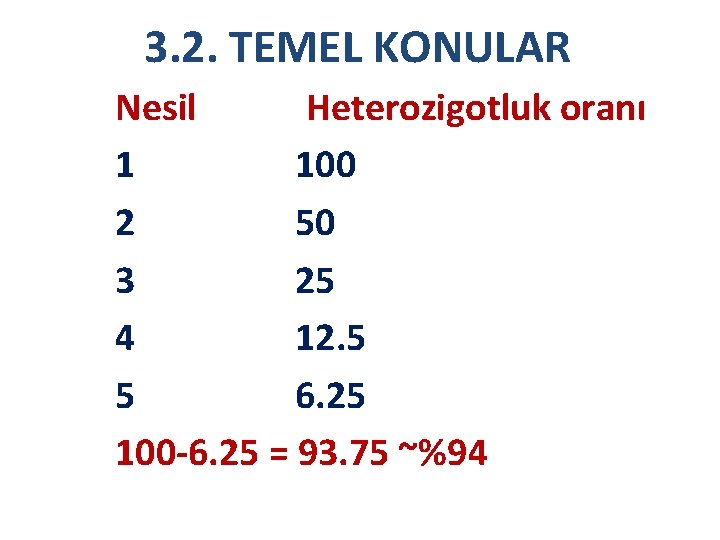 3. 2. TEMEL KONULAR Nesil Heterozigotluk oranı 1 100 2 50 3 25 4