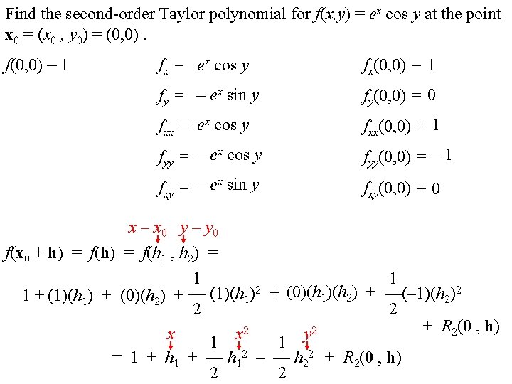 Find the second-order Taylor polynomial for f(x, y) = ex cos y at the