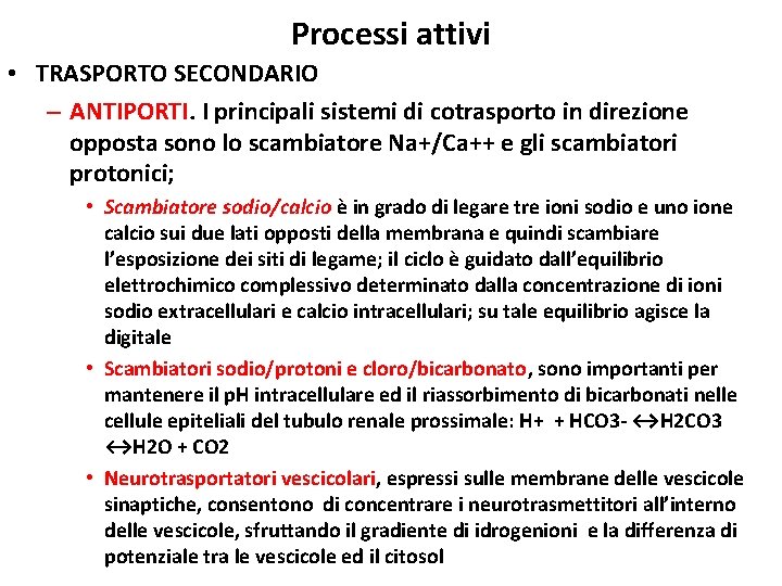 Processi attivi • TRASPORTO SECONDARIO – ANTIPORTI. I principali sistemi di cotrasporto in direzione