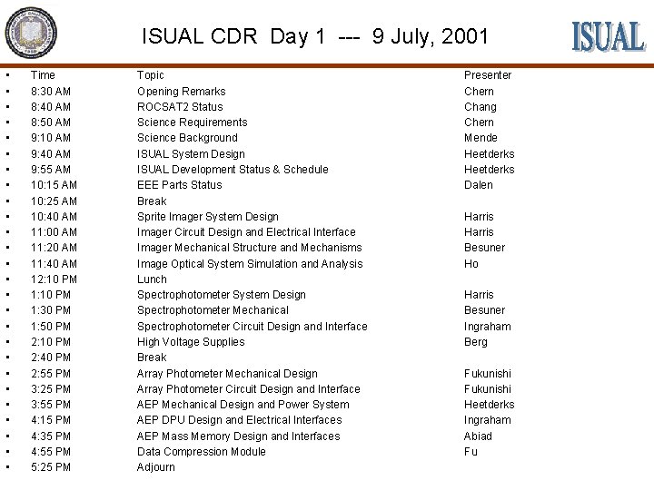 ISUAL CDR Day 1 --- 9 July, 2001 • • • • • •