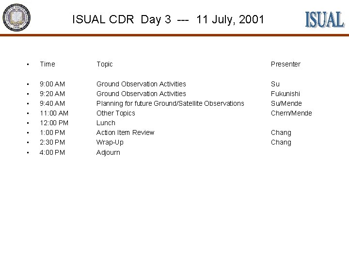 ISUAL CDR Day 3 --- 11 July, 2001 • Time Topic Presenter • •