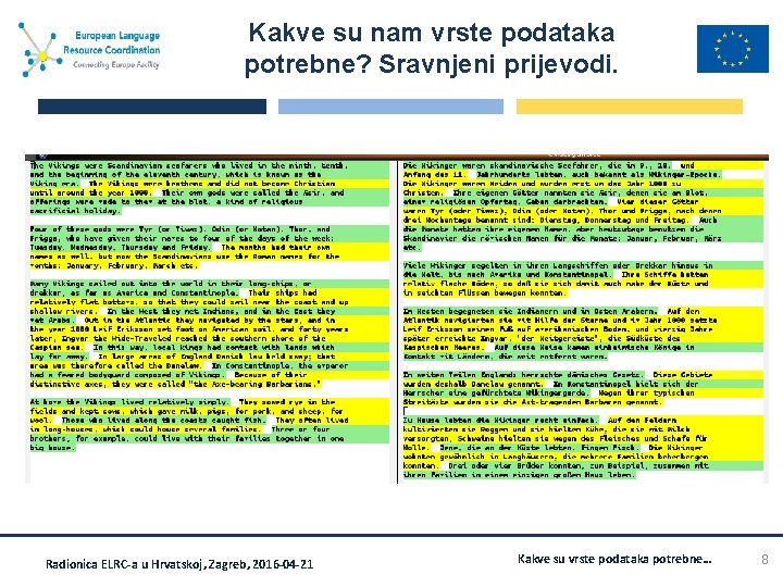 Kakve su nam vrste podataka potrebne? Sravnjeni prijevodi. Radionica ELRC-a u Hrvatskoj, Zagreb, 2016