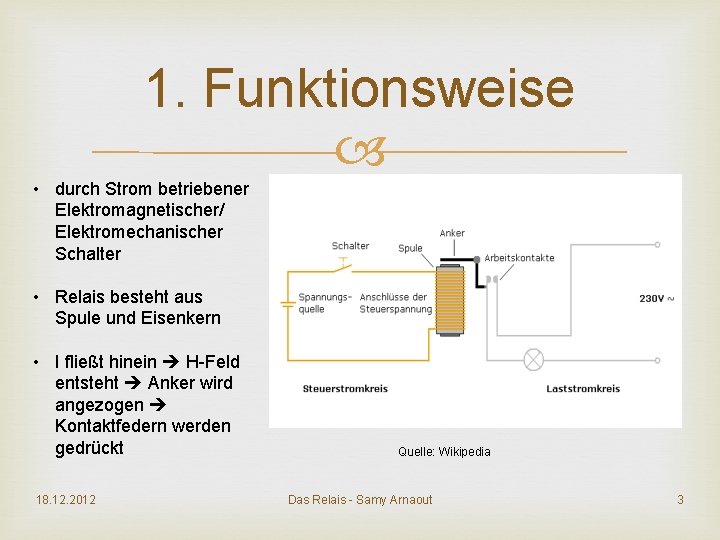 1. Funktionsweise • durch Strom betriebener Elektromagnetischer/ Elektromechanischer Schalter • Relais besteht aus Spule