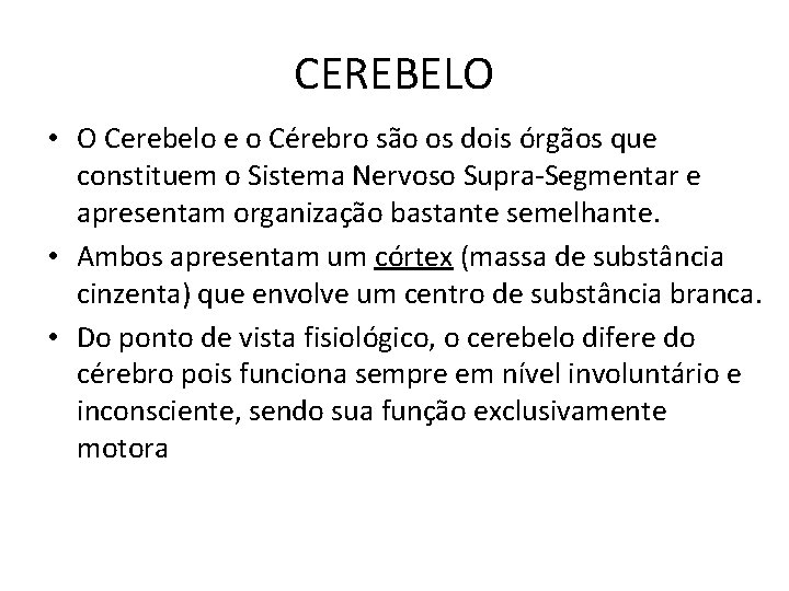 CEREBELO • O Cerebelo e o Cérebro são os dois órgãos que constituem o