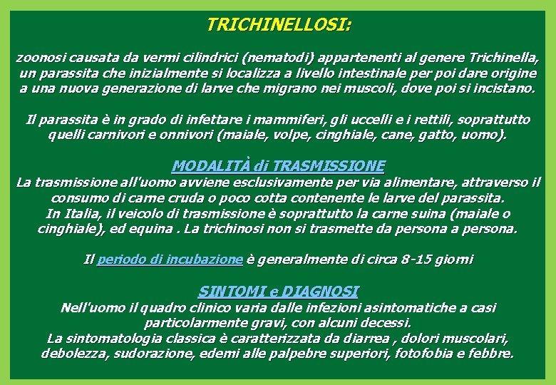 TRICHINELLOSI: zoonosi causata da vermi cilindrici (nematodi) appartenenti al genere Trichinella, un parassita che