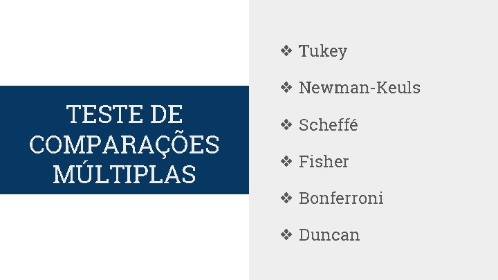 ❖ Tukey TESTE DE COMPARAÇÕES MÚLTIPLAS ❖ Newman-Keuls ❖ Scheffé ❖ Fisher ❖ Bonferroni