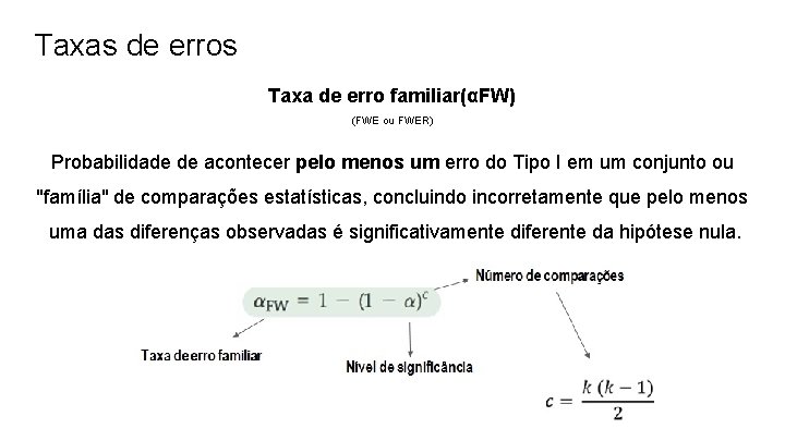 Taxas de erros Taxa de erro familiar(αFW) (FWE ou FWER) Probabilidade de acontecer pelo