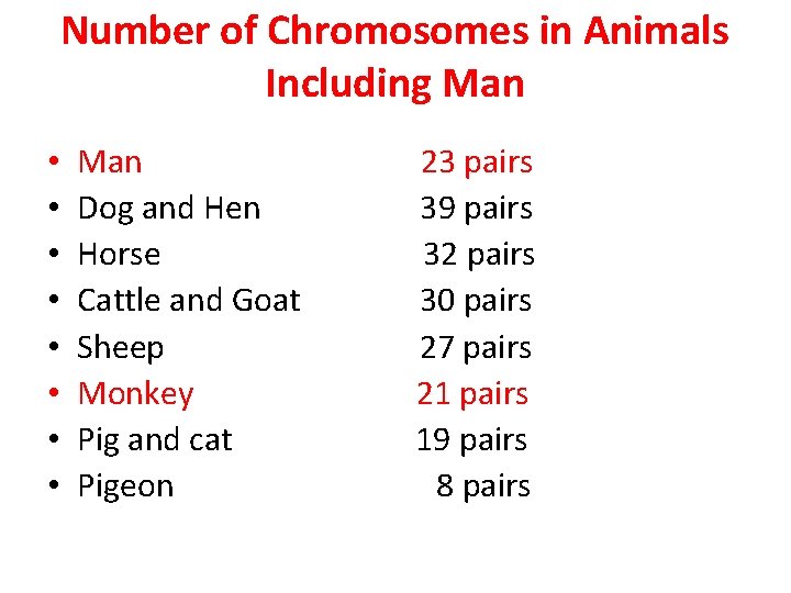 Number of Chromosomes in Animals Including Man • • Man Dog and Hen Horse